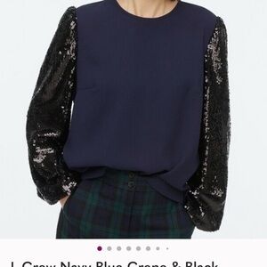 J. Crew Dark Blue Blouse with Black Sequin Sleeves